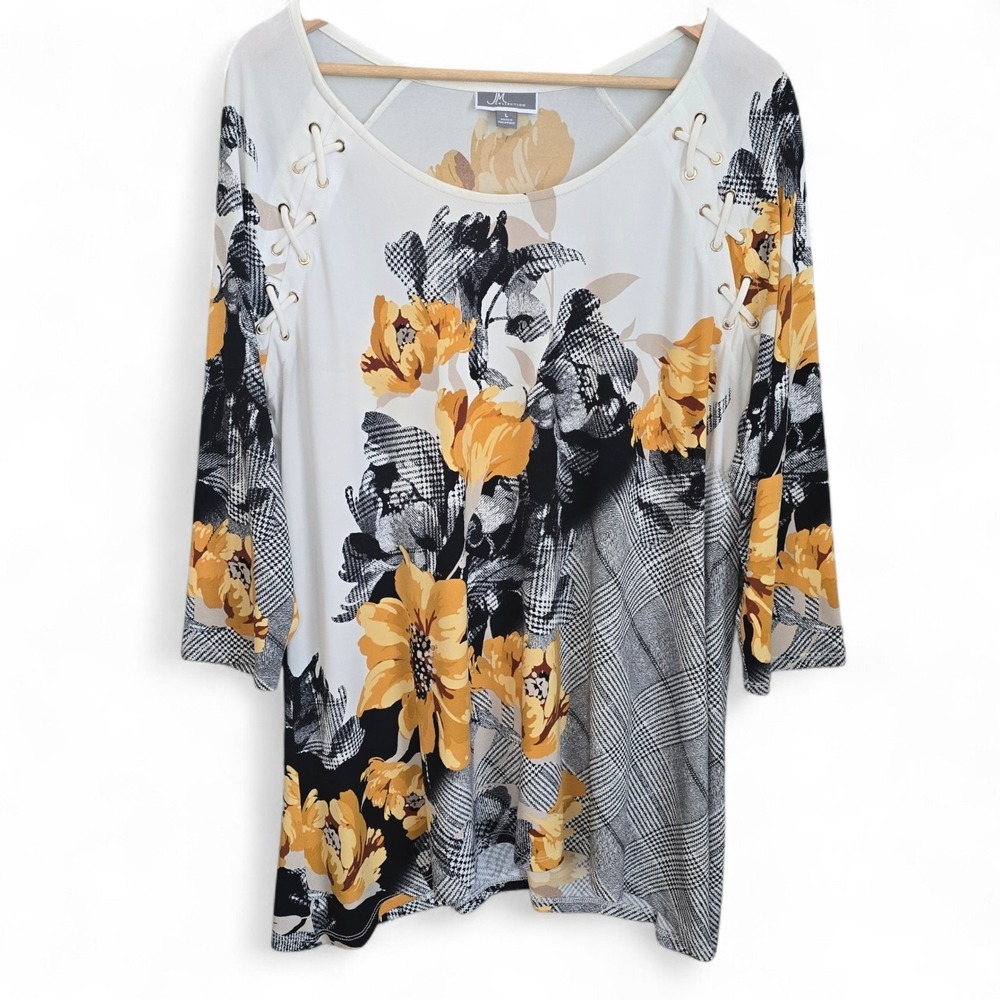 JM Collection Top Womens Large Scoop Neck White Yellow Floral Print Tunic